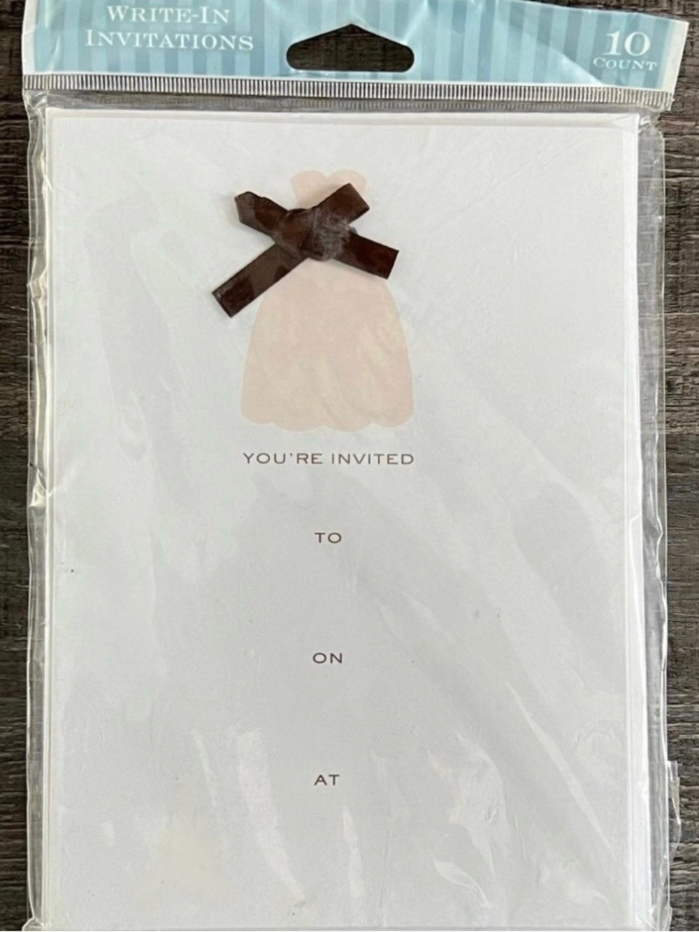 💞 New Classic White Write In Party Invitations with a Dress & Brown Ribbon